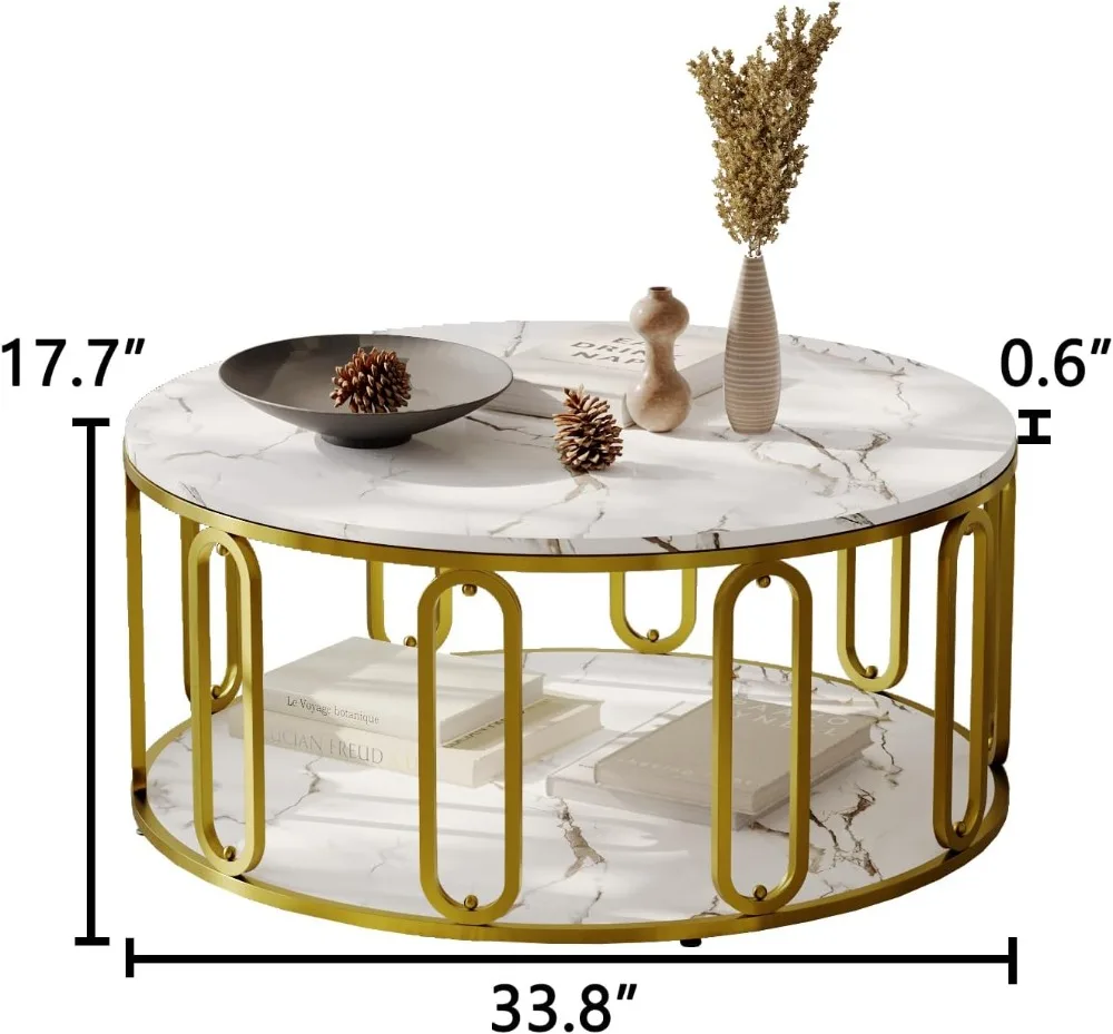 Round Coffee Table, Wooden Marble Pattern with Open Storage, Gold Metal Legs, White for Living Room