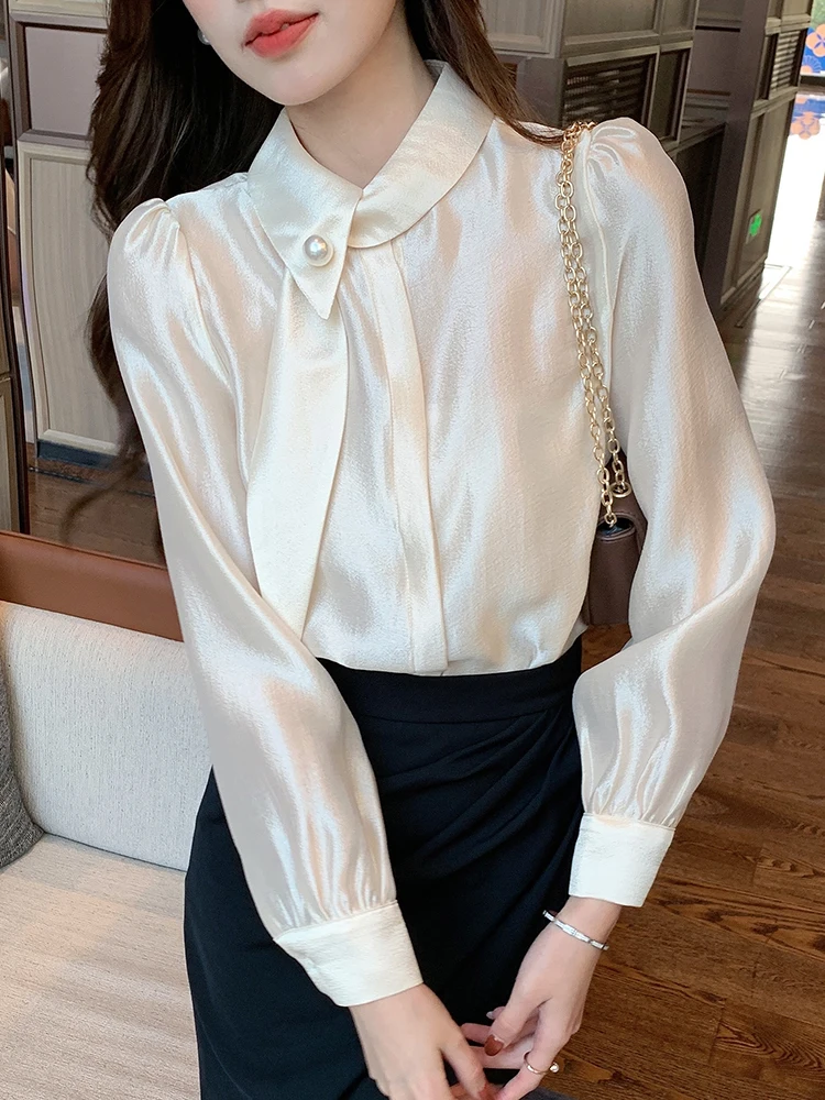 

Korean Stand Collar Satin Shirts Women 2025 New Spring Autumn Long Sleeve Blouse Solid Collar Office Ladies Blouse Female S-XXL