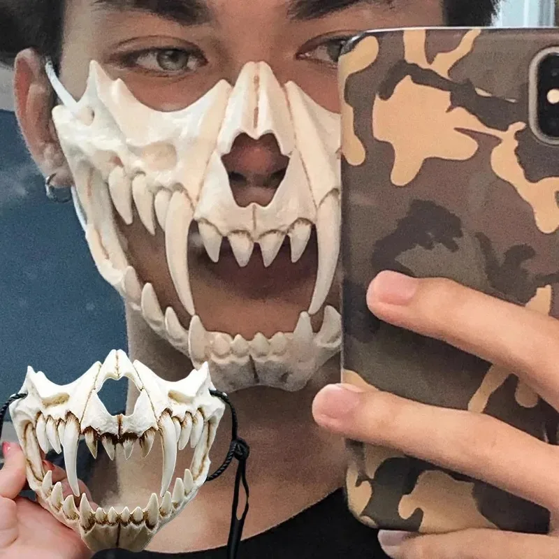 Halloween Skull Half Face Mask Halloween Long Teeth Demon Skeleton Unisex Wolf Dragon Tiger Cosplay Costume Prop Party Women Men