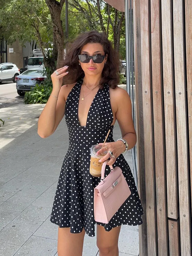 HH Woman Summer Fashion Sexy Backless Zipper Party Sleeveless Dress Female Elegant Chic Bow Polka Dot Print Slim Mini Dress