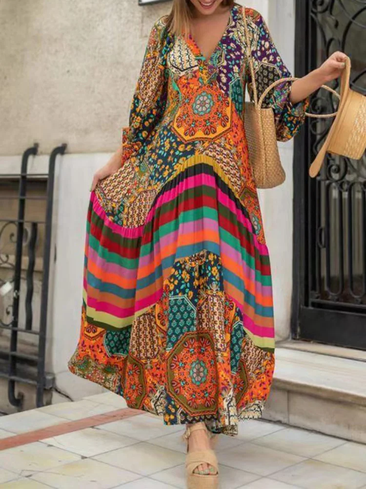 

Retro Ethnic Print Dress new Spring And Summer Half-sleeve Casual Dress Ladies Sexy V-neck Stitching Pleated Drape Maxi Dress