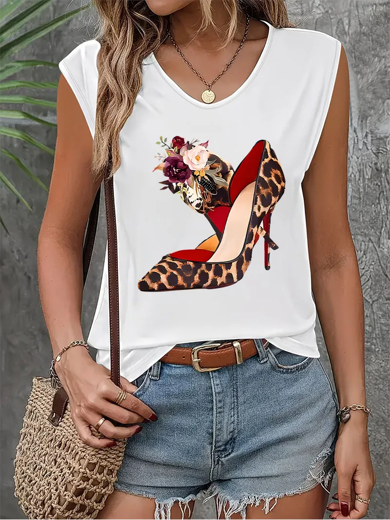 Fashion Shoes with Flower Sleeveless Tank Top T-shirt V Neck Casual Streetwear Vest T Shirts Women Tee Shirt V-Neck