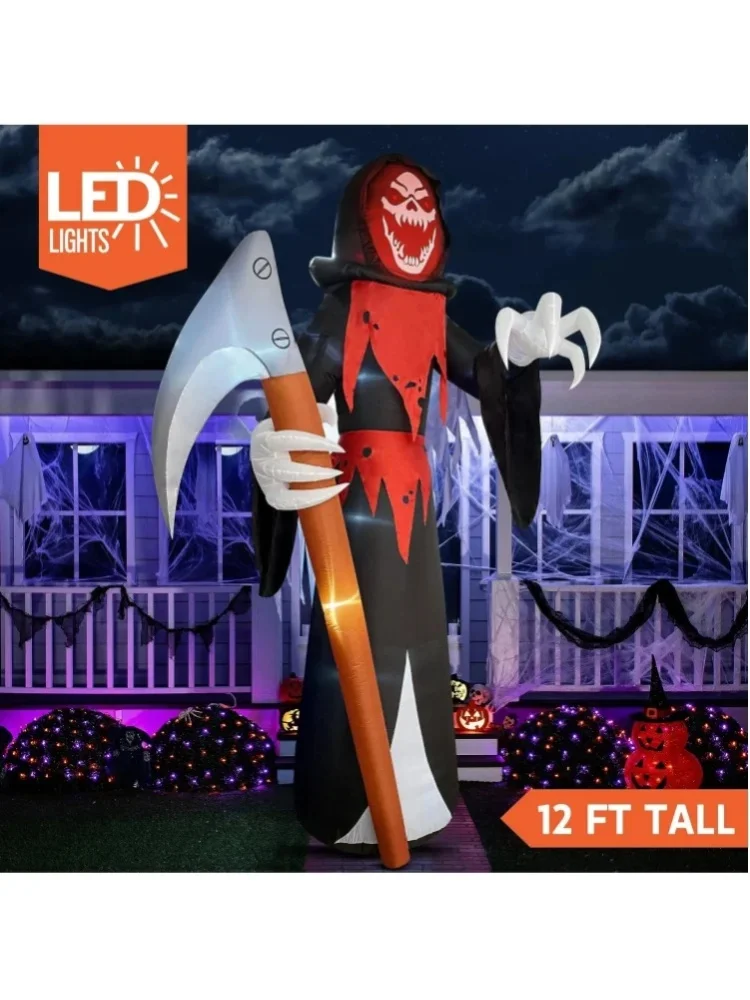 3,65 m hoher aufblasbarer Halloween-Todesengel mit eingebauten LEDs und Sense für Halloween-Dekorationen im Freien, Geschenk