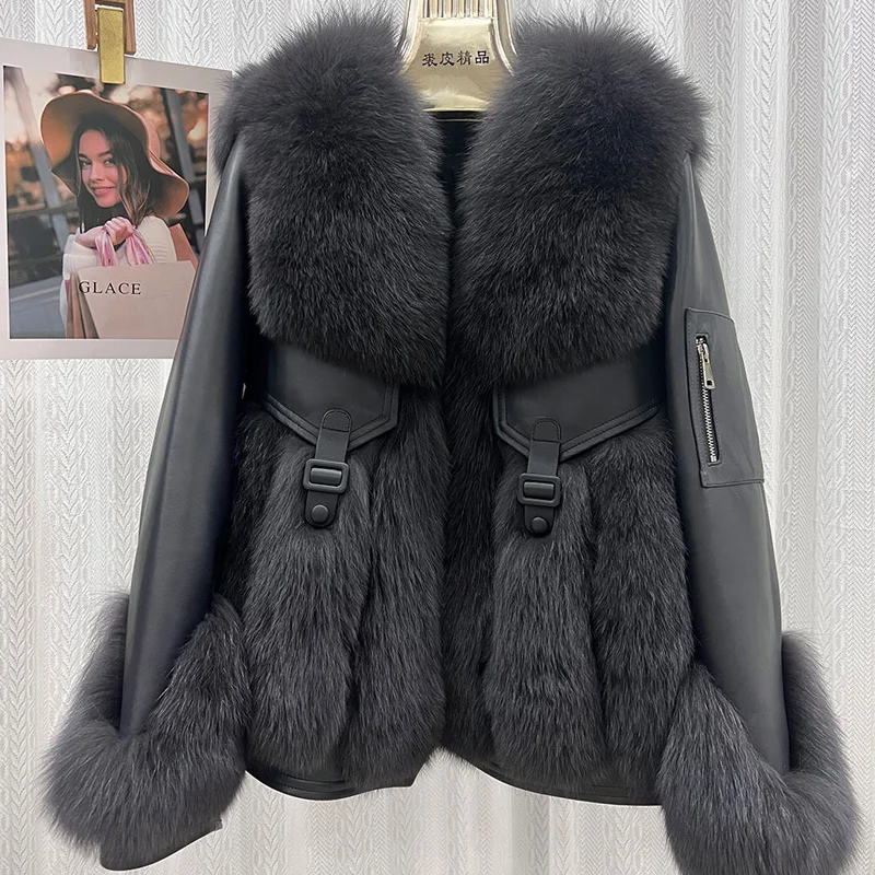 

Fox fur coat 2023 new motorcycle whole fur coat short coat female sheep skin splicing clothes