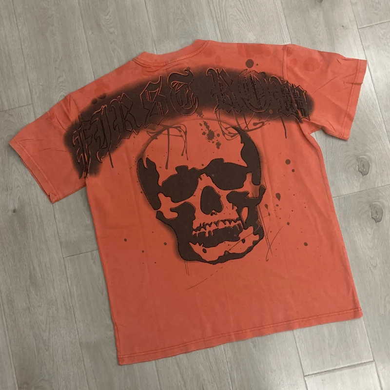 

European American Street Trend Brand First Row Tee Hot Stamping Vintage Fashion Red Skull Pattern FIRST ROW Short Sleeve T-shirt