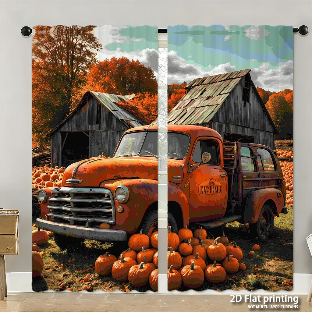 

2-piece set of high-definition digital printed curtainsautumn orange vintage truck pumpkins rural sceneHome decoration style