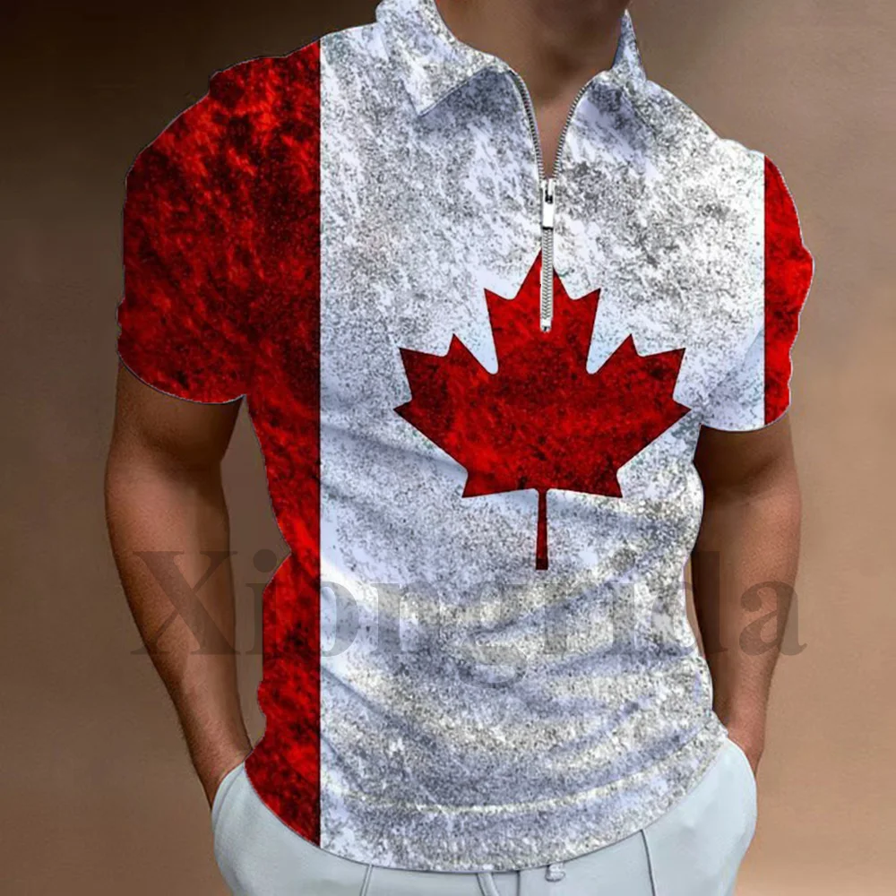 Canadian Flag Graphic Polo Shirts Men Canada Maple Leaves 3D Printed Zip Neck T shirts Casual Sports Tees Streetwear Top S-5XL