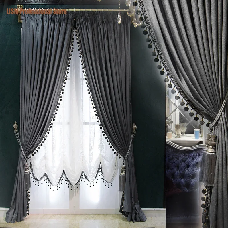 

Custom Thicken Shading Solid Grey Curtains for Living High Quality Luxury Italy Dark Black Velvet Blackout Bedroom Window Tulle