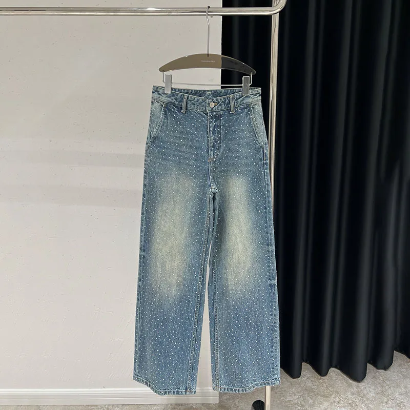 Pantalon droit ample à jambes larges pour femmes, vêtements en coton, diamant, mode, chaud, automne, hiver, 2k, 2024