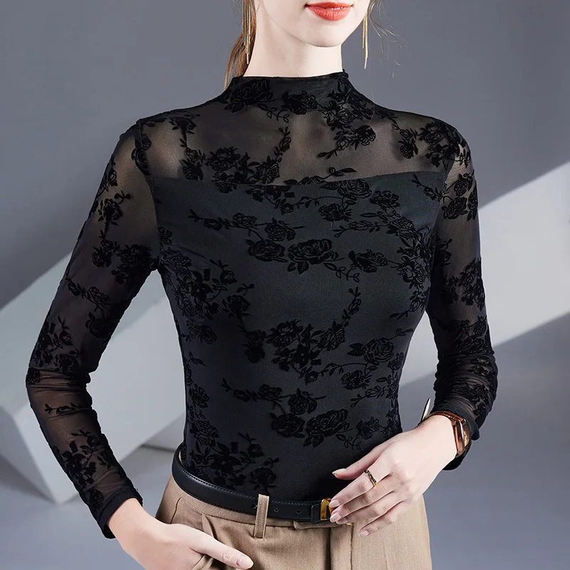 New 2025 Spring Long Sleeved Women's T-Shirt Elegant Slim Elastic Flocking Mesh Tops M-3XL Black High Collar Clothes