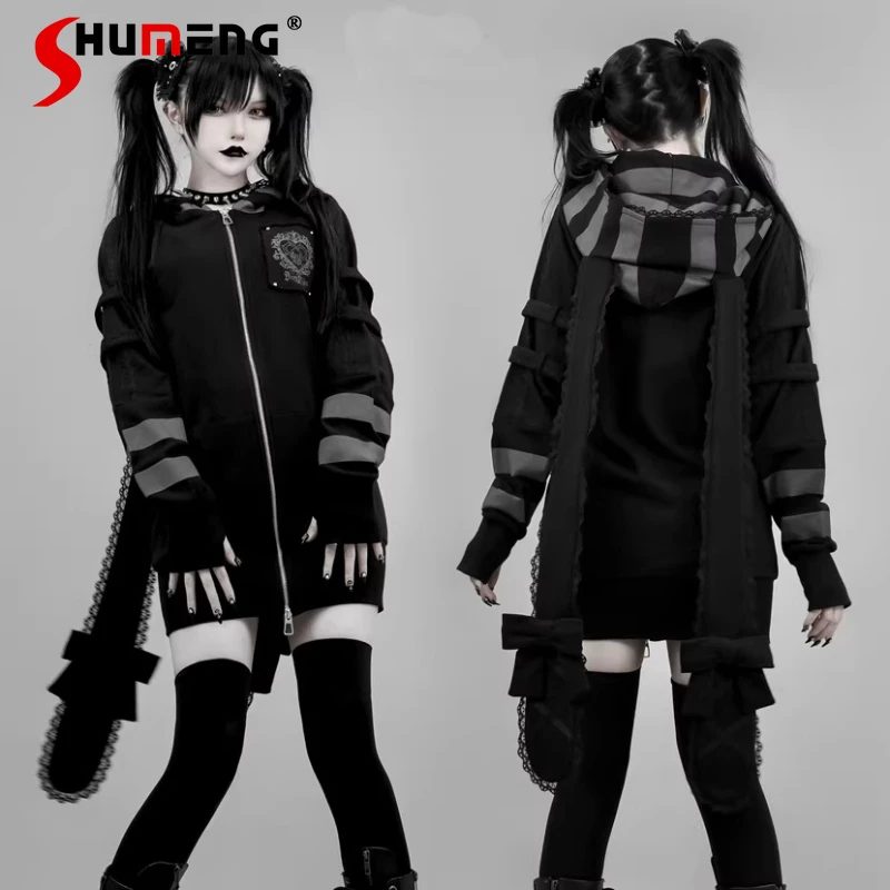 

Kawaii Harajuku Long Ear Hooded Zip Up Coat Sweet Bow Lace Edge Color Block Patchwork Long Cardigan Jacket Cool Sweatshirt Women