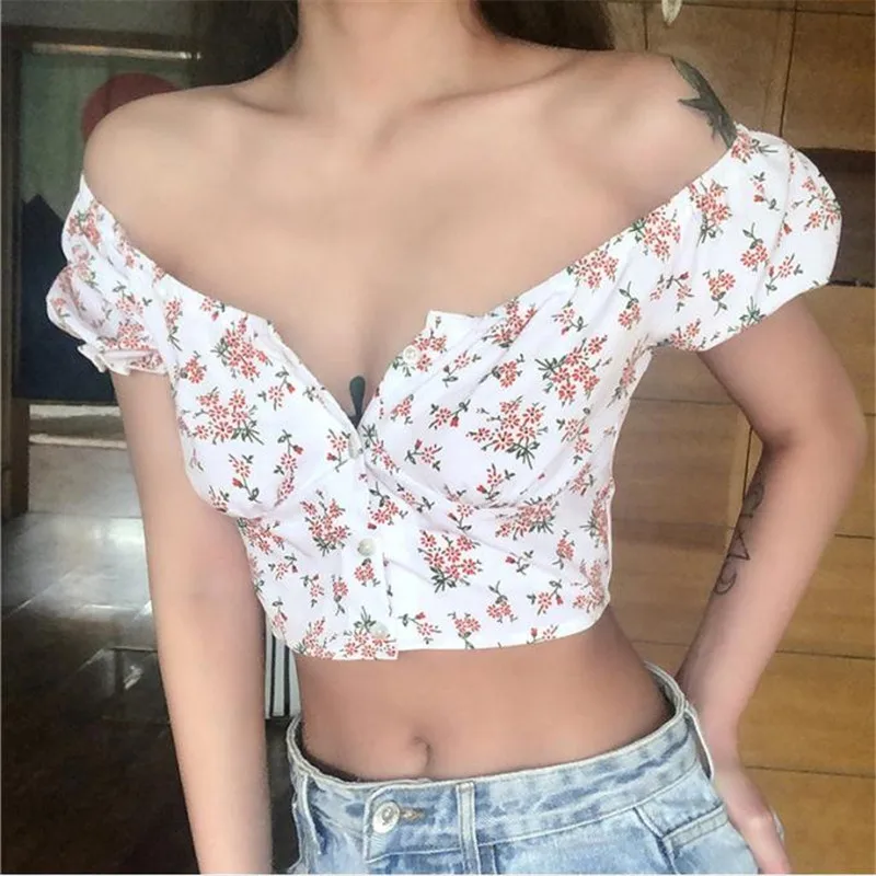 

Sexy Square Collar Tmeperament Button Floral Print Short T-shirts Boho Casual Puff Sleeves Sexy V-nevk Backless Short Tees Tops