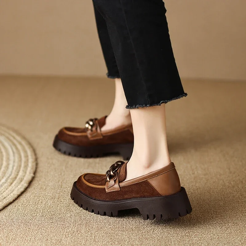 NEW Spring/Autumn Women Loafers Round Toe Chunky Heel Shoes Sheep Suede Shoes for Women Retro Metal Buckle Platform Women Shoes