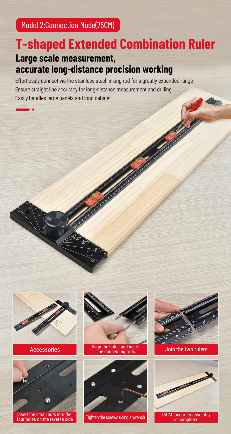 Holzbearbeitungs-T-Winkellineal mit automatischer Klemmung, Positionierlineal, Bohrlochmarkierungslehre, Winkellineal, T-förmiges Lineal für Schreiner – Detail 8