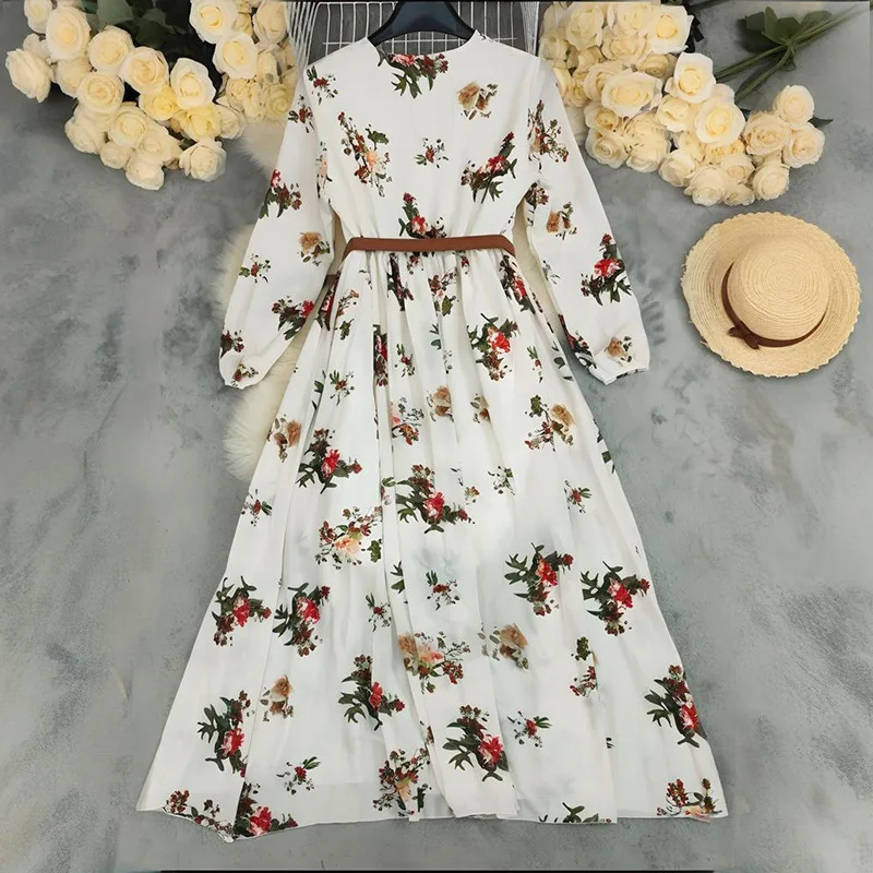 เดรสผู้หญิงลายโบฮีเมียน เสื้อเชิ้ตสไตล์ฝรั่งเศส แฟชั่นทรงเอ ชุดฤดูร้อน คอวี กระชับเอว เสื้อผ้าลำลอง แขนยาว