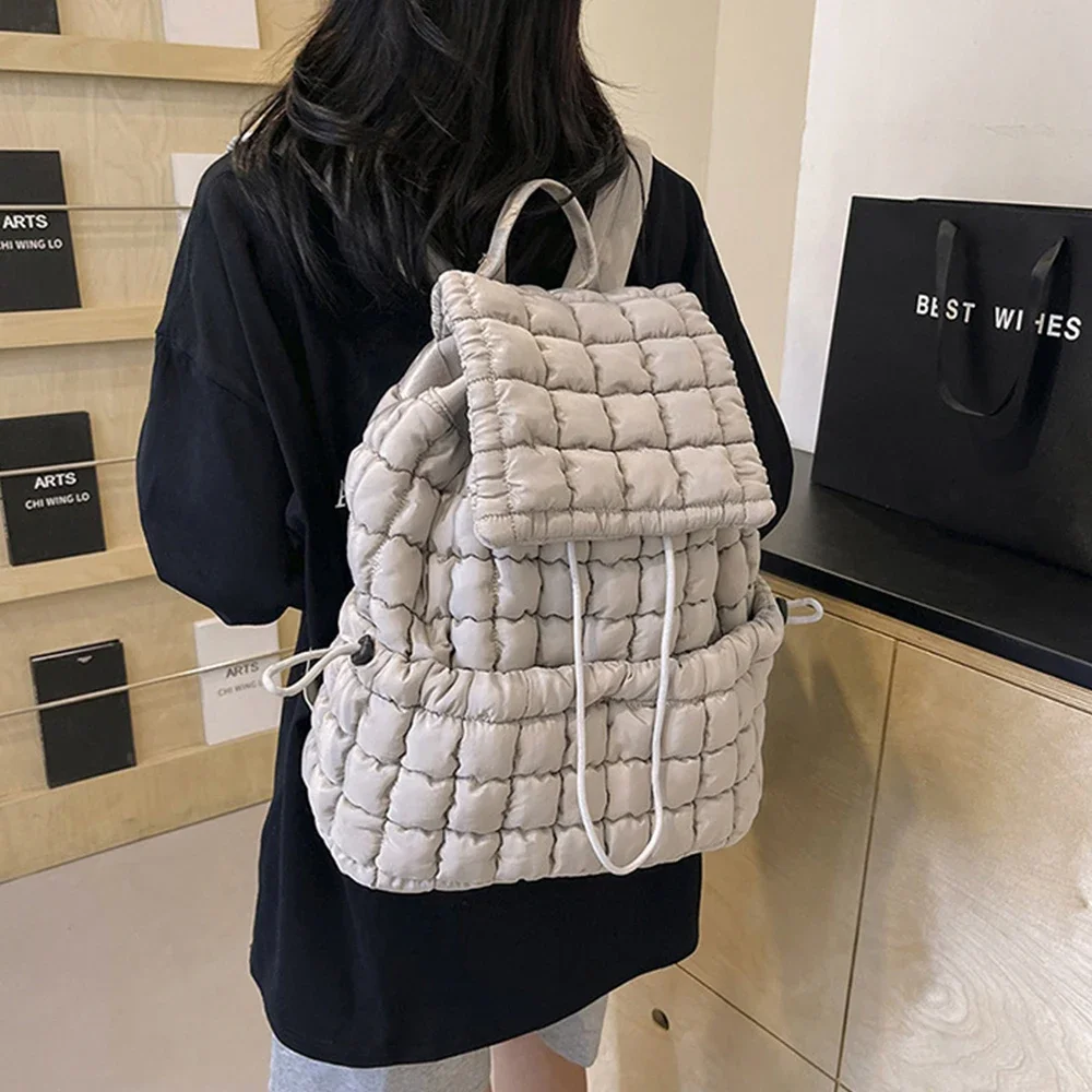 Candy Color Quilted Women Backpack Puffy Down Padded School Bag Large Cotton Travel Back Pack Bags for Women Plaids Shoulder Bag