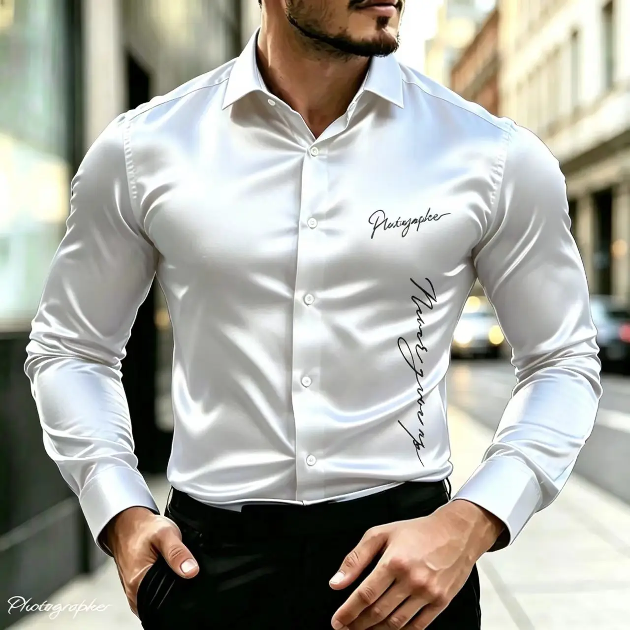 Men's Satin Silk Shirt Luxurious Letter Printed Long-Sleeved Slim Fit Casual Fashion Button-Up Shirt Designer Formal Top