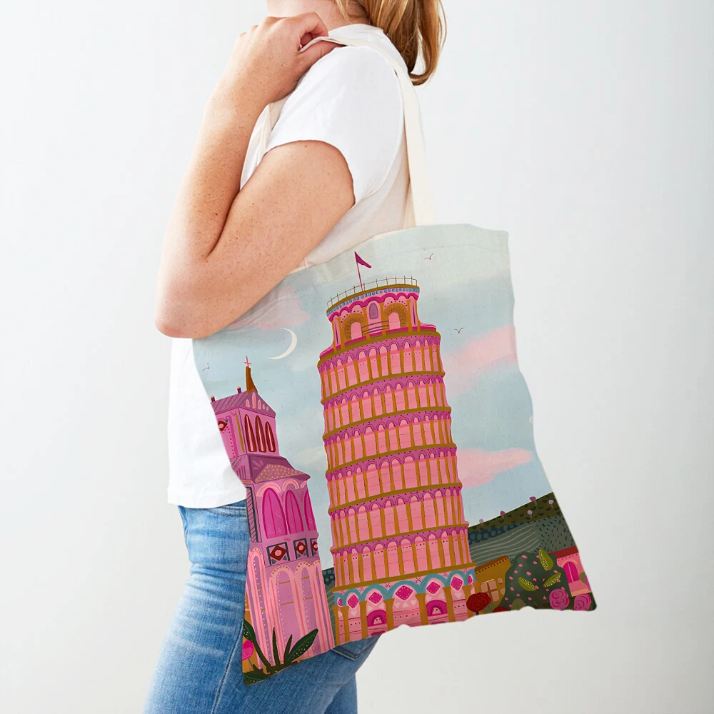 Paris Taj Mahal Muslim Dubai Morocco Travel City Shopper Bag Tote Lady Handbag Both Sides Casual Canvas Women Shopping Bags