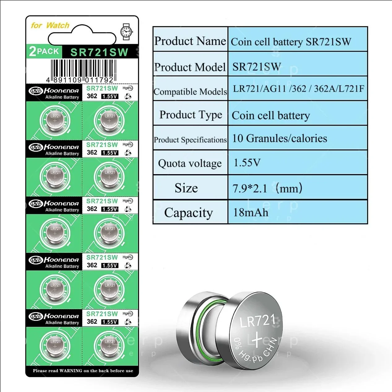 AG11 SR721SW 362 361 162 1.55V Bateria de Célula Coin, 0% Hg Mercury Free Bateria para Brinquedos de Relógio, Alta Qualidade