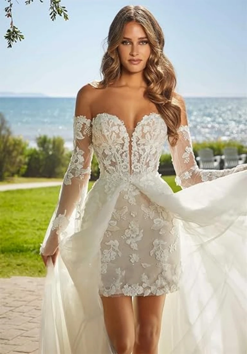 

Strapless Tulle Lace Applique Short Wedding Dresses with Detachable Train and Sleeves 2 in 1 Beach Bridal Gown Lace Up Back