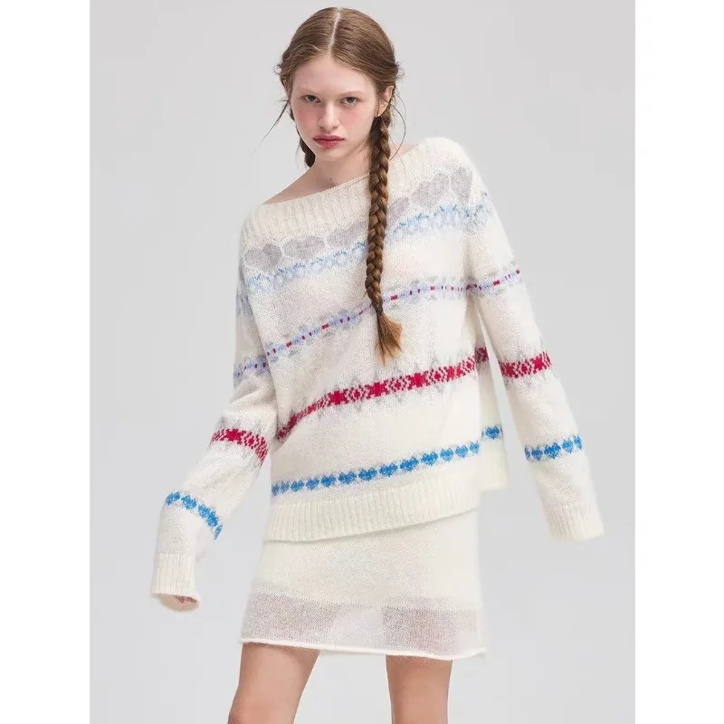بلوفر تريكو مخطط برقبة دائرية سترة نسائية كورية للخريف سترة هاراجوكو عتيقة بأكمام طويلة ناعمة ومريحة من الكشمير #3