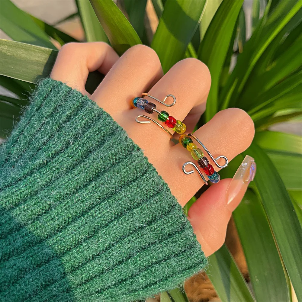 Trendy Rainbow Anxiety Rings Adjustable Stainless Steel Fidget Rotate Bead Anti Stress Relief Finger Ring Jewelry For Women