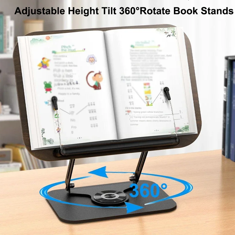 NEW Book Stand for Reading Adjustable Book Holder with 360° Rotating Base Elastic Page Clips Foldable Desktop Riser Stand