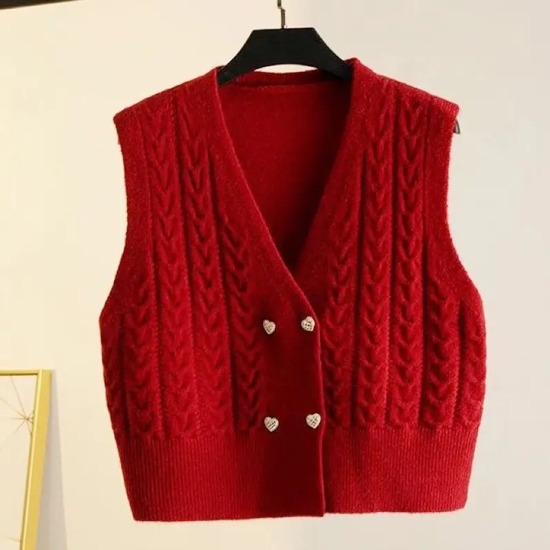 

Двухрядный открытый кардиган на пуговицах, жилет, верхняя одежда, весна-осень, свободный вязаный цветной жилет с подплечниками, жилет для поездок на работу