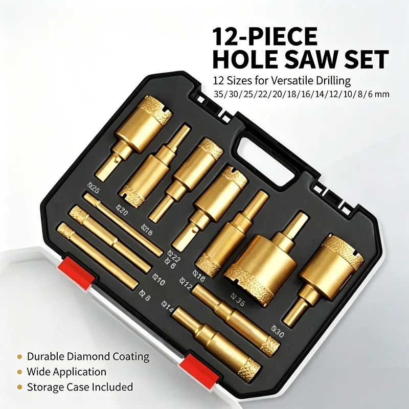 Diamond Hole Saw Kit 6-35mm Brazed Drill Bit Set 12Pcs for Tile Glass Marble Granite Ceramic Stone Drywall Drilling Tools