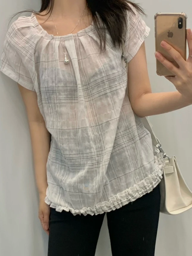 

Slimming Summer irt Women's round Ne Plaid ort Sve Faionable Versatile Wood ain Detailing Casual irt