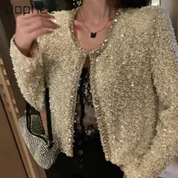 Women Luxury Sequined Short Jackets Beading Long Sleeve V Neck Elegant Cardigan Cropped Tops Shiny Club Party Clothing Fashion