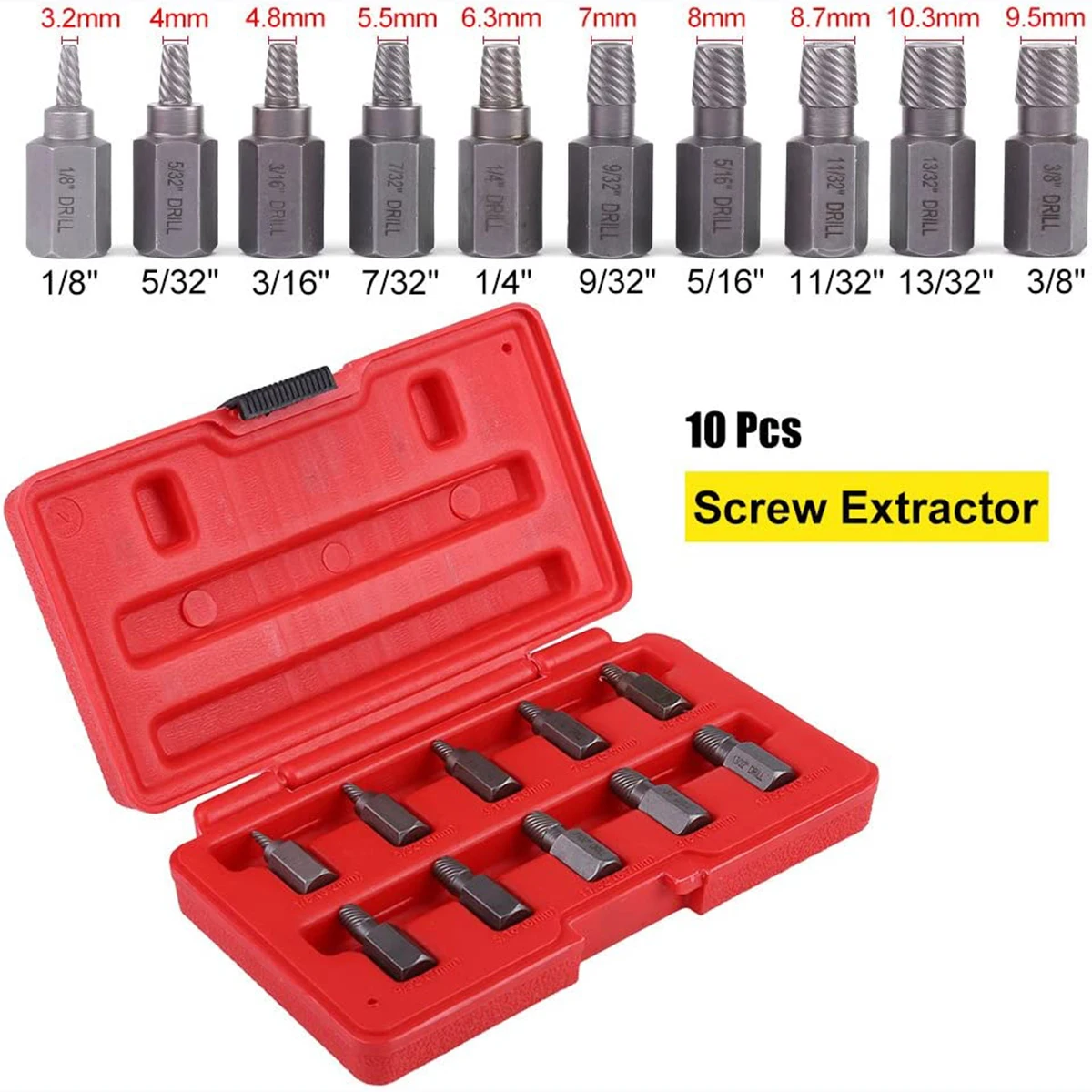 10 PC Screw Extractor Set Hex Head Multi-Spline for Damaged Broken Deformed Screws