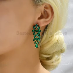 Creative Green Rhinestone Leaf Design Stud Earrings For Women Trendy Vintage Jewelry Elegant Luxury Style Party Ear Accessories