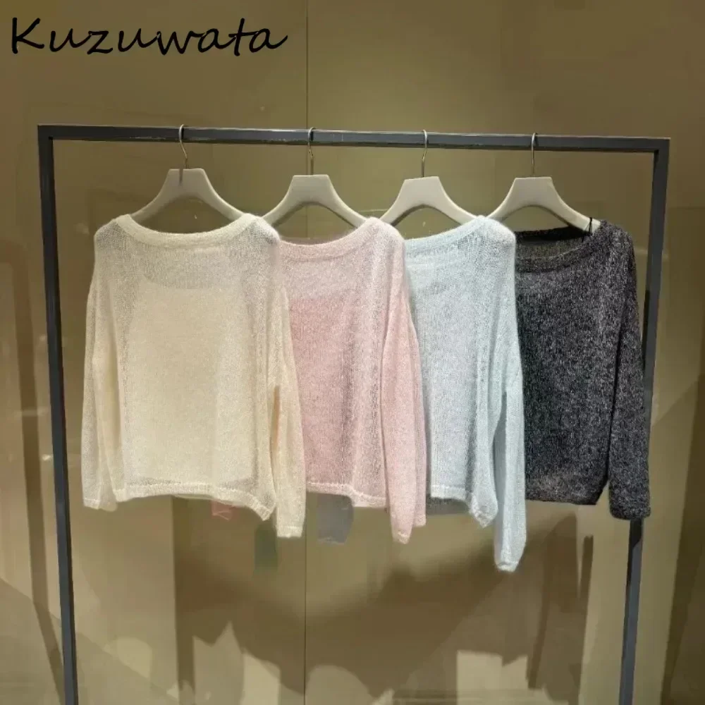 Kuzuwata Autumn New Slash Neck Long Sleeve Knitted Slim Fit All-match Hollow Out Sweet Pullover Japan Chic Soft Casual Jumper