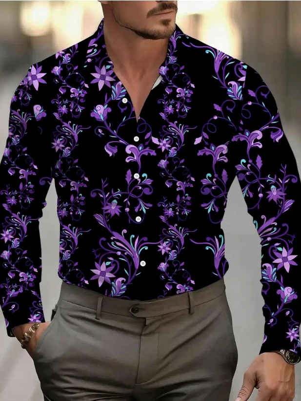 2025New Men's Summer Cotton And Linen Lapel Beach Shirt Long Sleeve Solid Color Hawaiian Holiday Clothing Rose Pattern Shirt