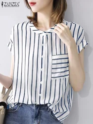 ZANZEA Harajuku Stripes Short Sleeve Shirt Women Formal Blouse 2024 Summer Buttons Pocket Tops Korean Fashion Office Loose Tunic