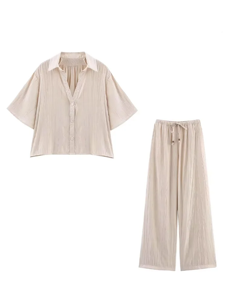 Hh feminino verão moda terno turn-down colarinho manga curta camisas single-breasted + cintura elástica calças de perna larga conjuntos femininos