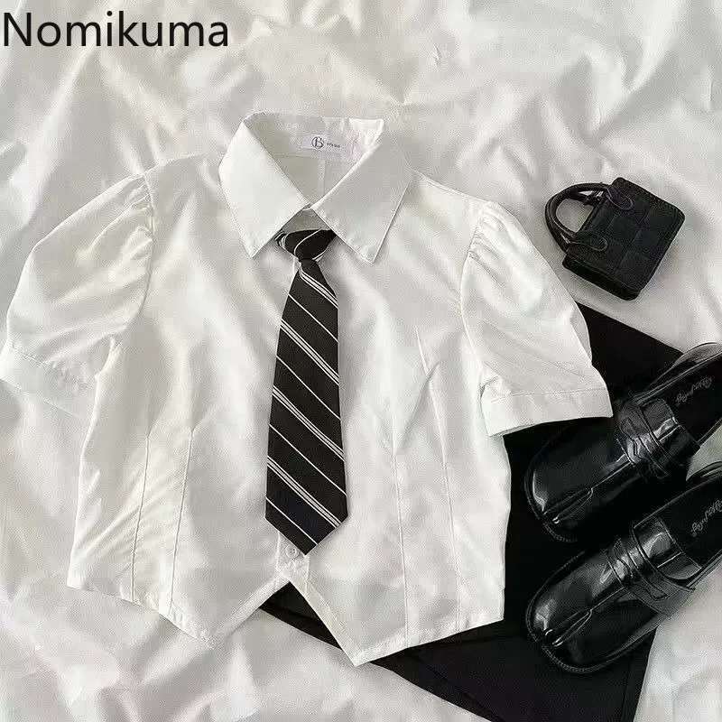 

Preppy Style Two Piece Sets Women Clothing Puff Sleeve White Crop Shirt High Waist Pleated Mini Skirt Suit Casual Summer Outfits