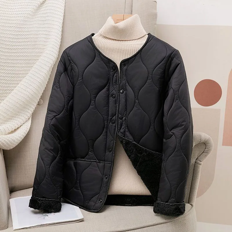 Herbst Winter Liner Fleece Warme Jacke Frauen V-ausschnitt Tasten Lange Ärmel Baumwolle Mantel Frau Solide Ultraleicht Stepp Kurze Parkas