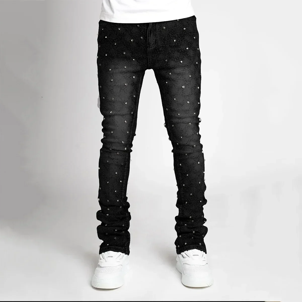 Personality Stacked Jeans for Men Slim Fit Stretchy Pearls Denim Laminated Pants for Men Fashion Straight Man\'s New Jeans