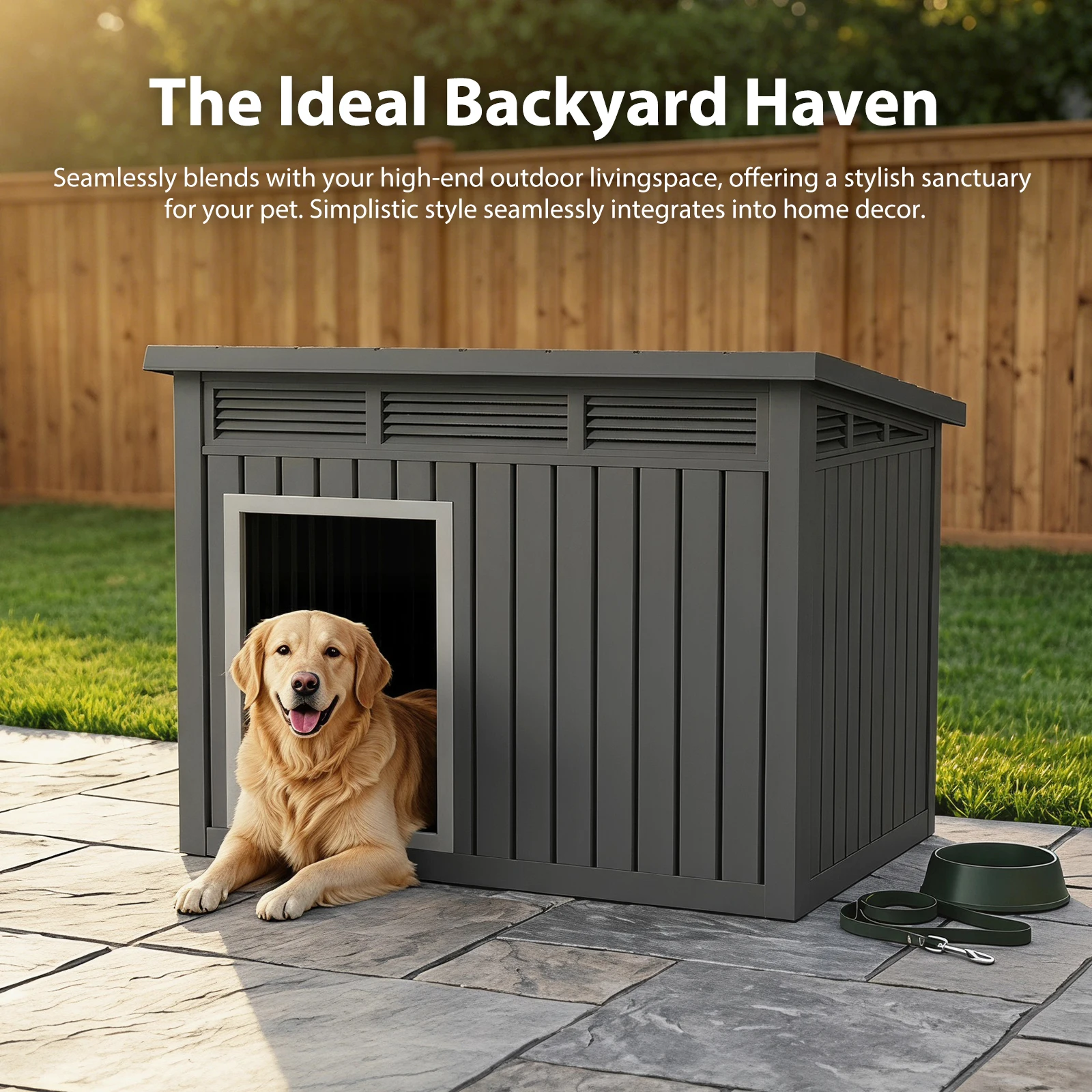 

XXXL Slant-Roof Resin Dog Villa - Gas-Lift Ventilated Canopy & StormProof Design, All-Weather Outdoor Shelter with UV Armor for Large Dogs/Multi-Pet Households, Dog Furniture, Garden Pet House, Perfect Gift for Halloween, Christmas, Thanksgiving 42.87x32.