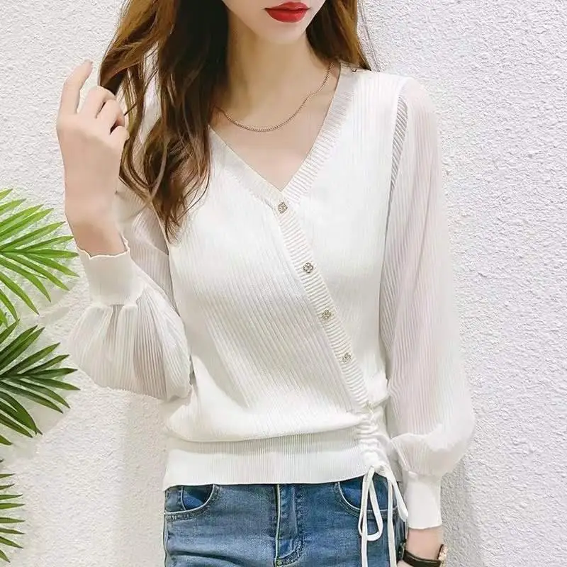 Women\'s Clothing Knitted Button Lantern Long Sleeve Bandage Gauze Rivet V-Neck Cardigan T-shirt Casual Office Lady Elegant Tops