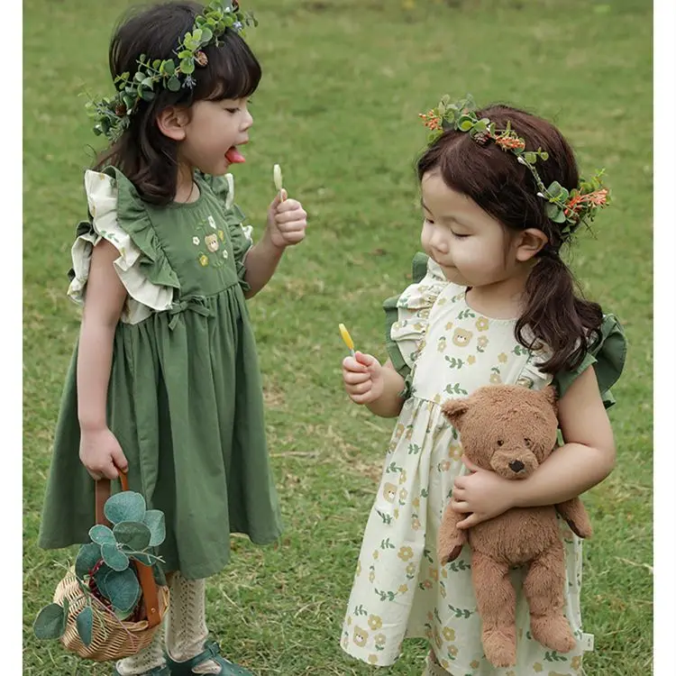 Girl Summer Dress New Fashion Embroidery Flying Sleeve Children Bow Princess Dress Girl One Piece Dress Printed Skirt