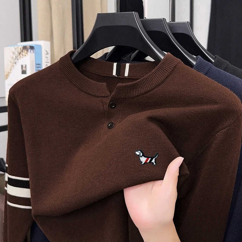 

Hot Selling High-Quality Men's Knitted Sweater O-Neck New Arrival Striped Double Button Cartoon Print Pullover Winter Menswear