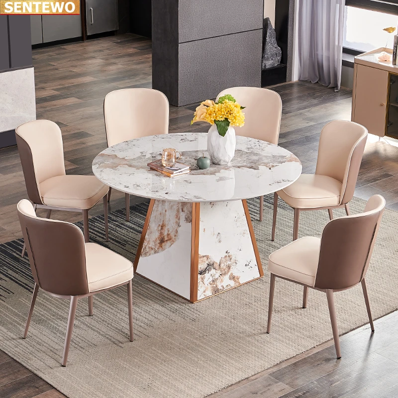 Designer Luxury round dinner Marble Rock Slab dining table set 8 chairs mesa a manger furniture meuble Stainless steel gold base