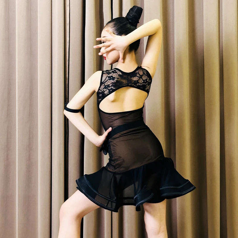 Traje de dança latina adulto feminino personalizado profissional high-end meninas crianças roupas de prática saia de desempenho preto