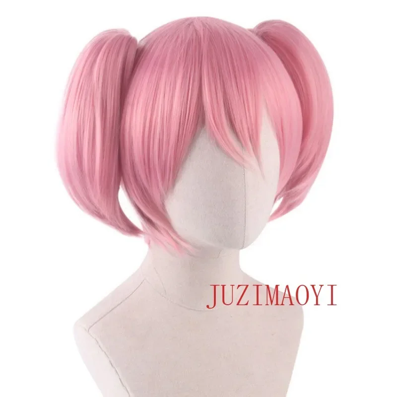 Kaname Madoka Wig Synthetic Pink Short 30cm Double Ponytails Cosplay Anime Beautiful Wig Heat Resistant Hair Halloween  Wig
