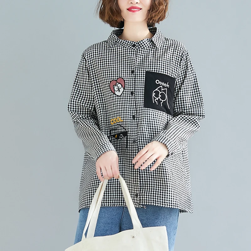 เสื้อผู้หญิงไซส์ใหญ่ทรงหลวมสไตล์ศิลปะ แขนยาวลำลอง ใส่สบาย เหมาะกับฤดูใบไม้ผลิและฤดูใบไม้ร่วง ช่วยให้ดูผอมเพรียว ผลิตจากผ้าฝ้ายผสมอเนกประสงค์