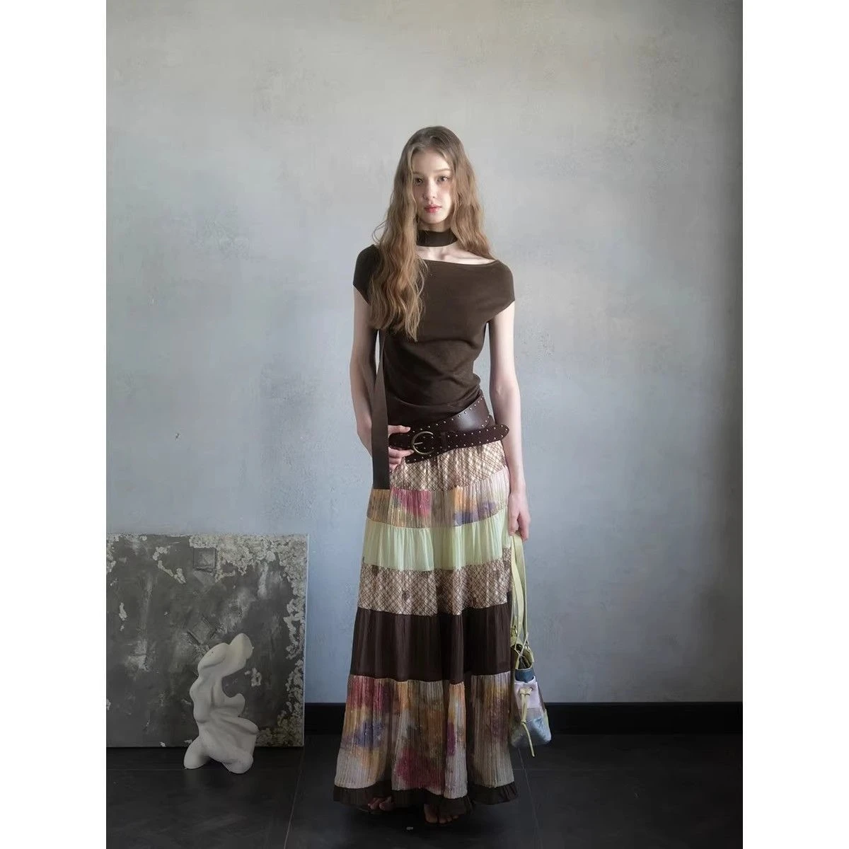 Super Pendulum Color Matching Skirt Retro Printing Long Skirt Design Niche Exquisite Skirt