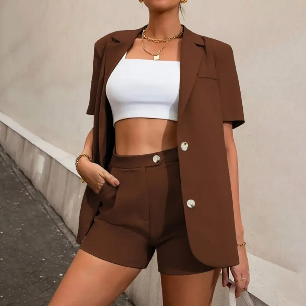 2Pcs/Set Lapel Single Breasted Slant Pockets Business Suit Short Sleeve Cardigan Blazer High Waist Shorts Female Clothes